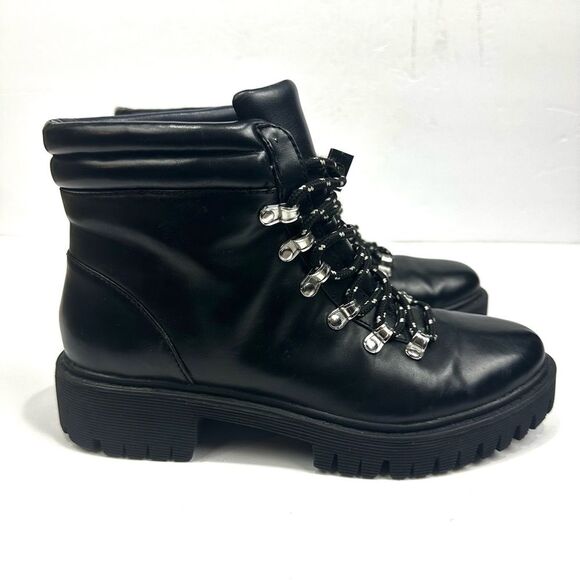 Zara Trafaluc Black Faux Leather Lace Up Boots Sz 36/5.5 Combat Ankle Booties - Picture 4 of 16